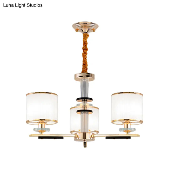 Simplicity Gold Chandelier Light With Opal Glass Shade - 3 Heads Drum Pendant For Drawing Room