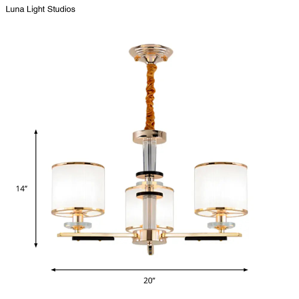 Simplicity Gold Chandelier Light With Opal Glass Shade - 3 Heads Drum Pendant For Drawing Room