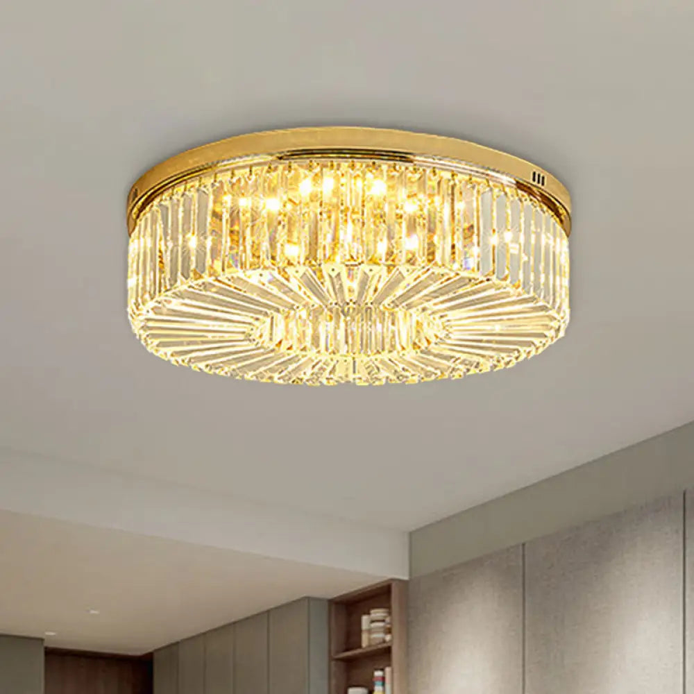 Simplicity Gold Crystal Led Drum Ceiling Light - Flush Mount For Bedroom