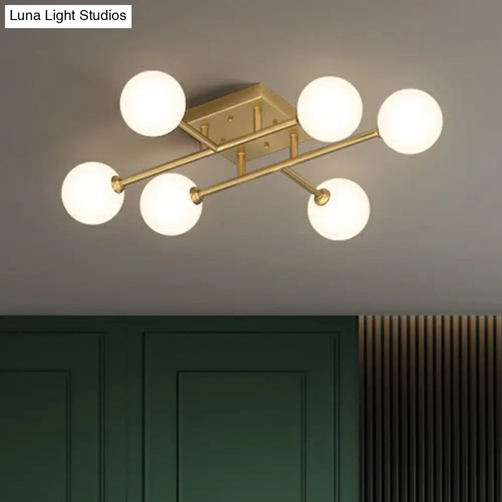 Simplicity Gold Finish Semi Flush Mount Ceiling Light With White Glass Balls