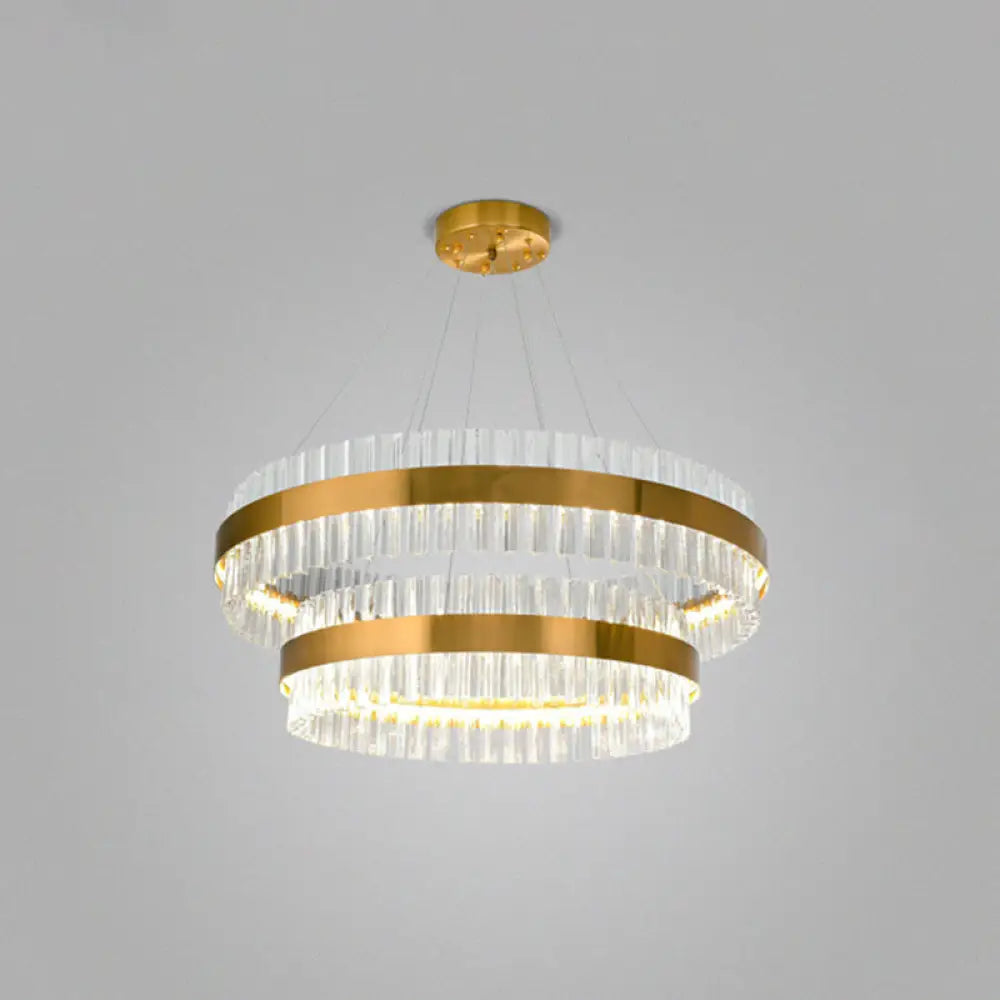 Simplicity Gold Ring Chandelier With Clear Crystal Led Pendant Light For Living Room / 2 Tiers