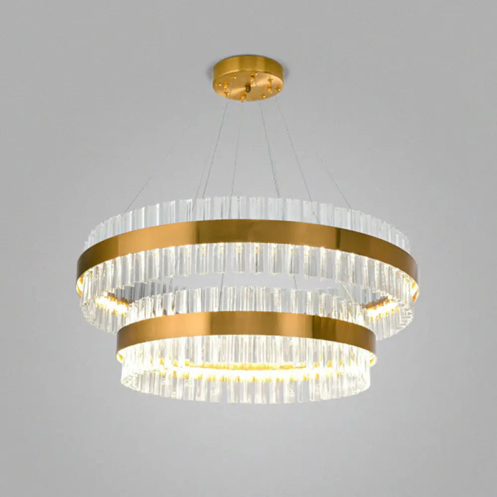 Simplicity Gold Ring Chandelier With Clear Crystal Led Pendant Light For Living Room / 2 Tiers