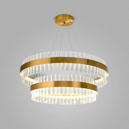 Simplicity Gold Ring Chandelier With Clear Crystal Led Pendant Light For Living Room / 2 Tiers