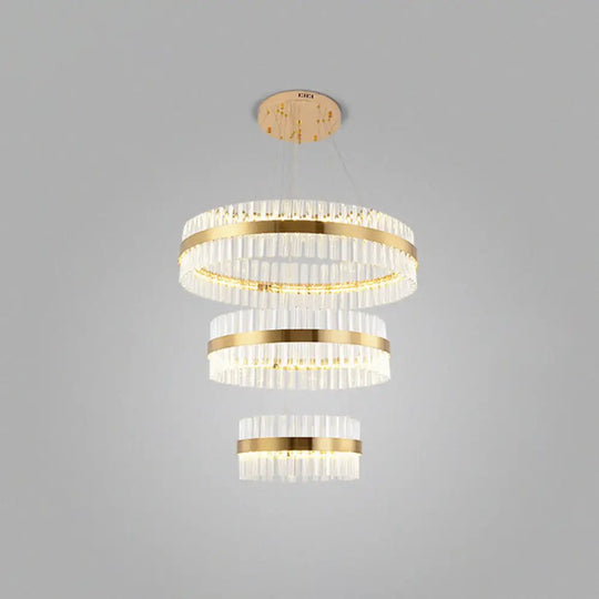 Simplicity Gold Ring Chandelier With Clear Crystal Led Pendant Light For Living Room / 3 Tiers