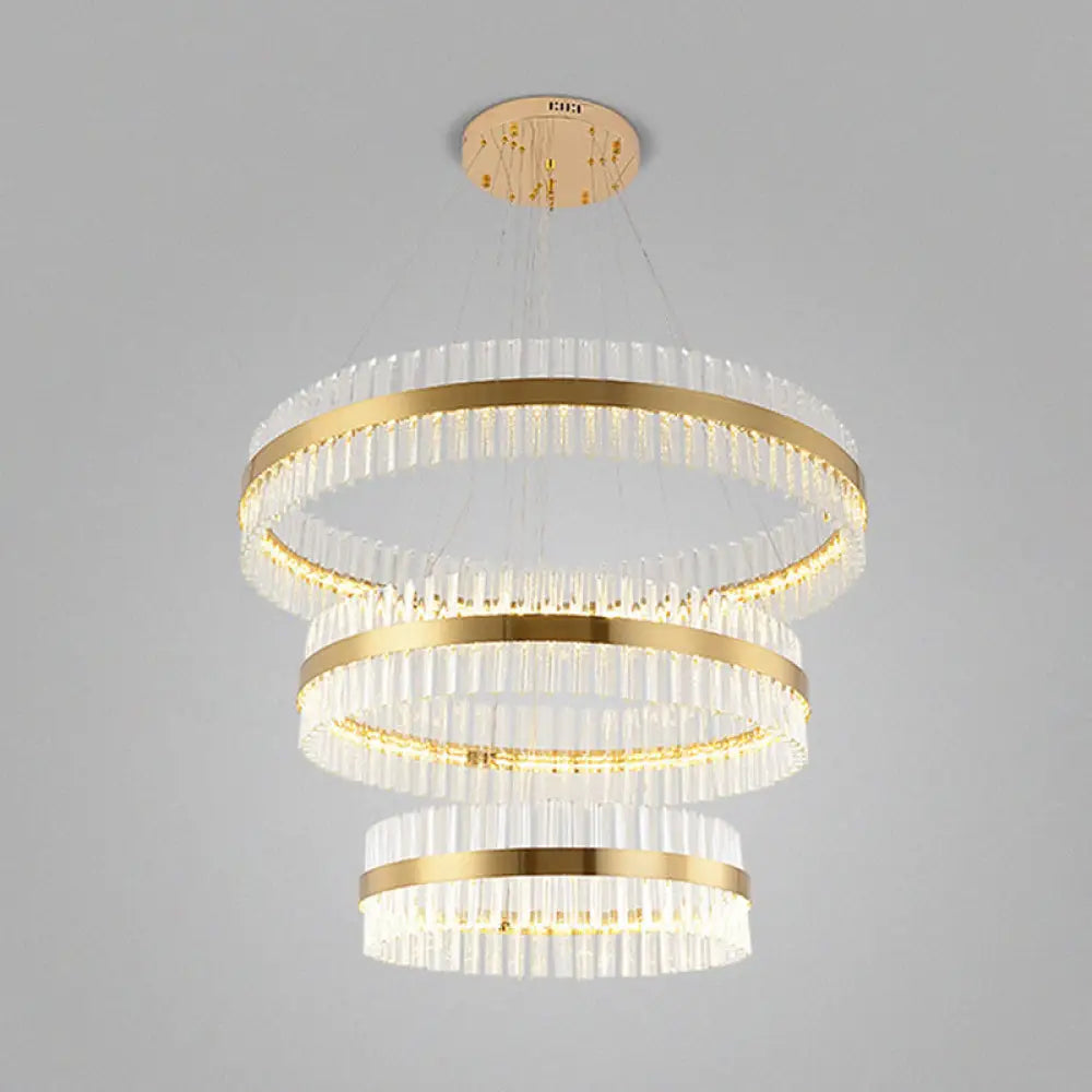 Simplicity Gold Ring Chandelier With Clear Crystal Led Pendant Light For Living Room / 3 Tiers