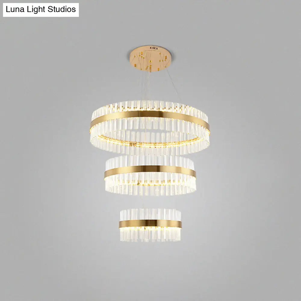 Modern Gold Ring Chandelier With Clear Crystals - Led Pendant Light Fixture For Living Room / 3