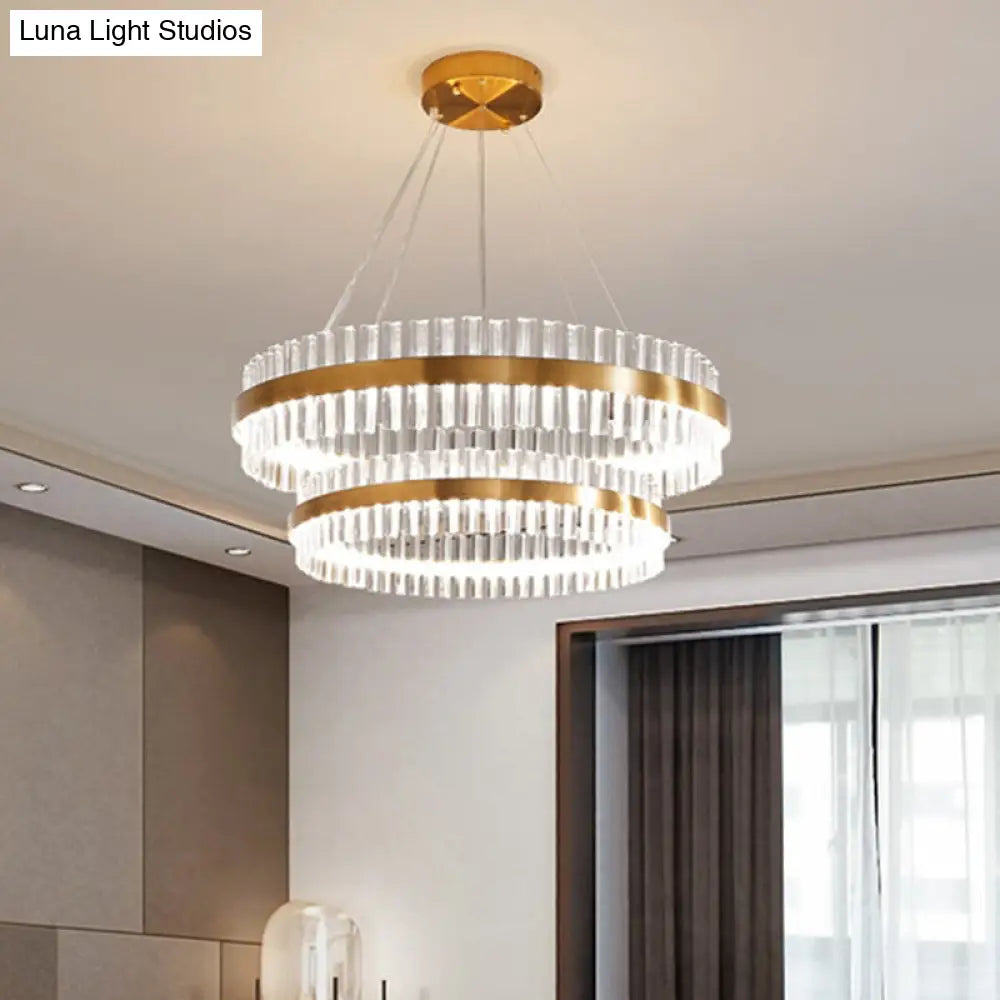 Modern Gold Ring Chandelier With Clear Crystals - Led Pendant Light Fixture For Living Room