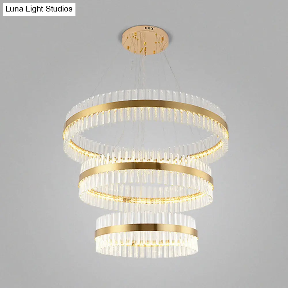 Modern Gold Ring Chandelier With Clear Crystals - Led Pendant Light Fixture For Living Room / 3