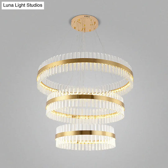 Modern Gold Ring Chandelier With Clear Crystals - Led Pendant Light Fixture For Living Room / 3