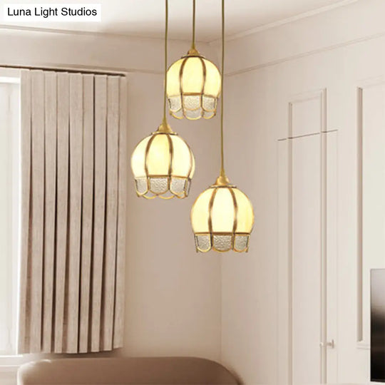 Simplicity Gold Ripple Glass Multi Ceiling Lamp With 3 Dome-Shaped Heads - Stylish Suspension Light