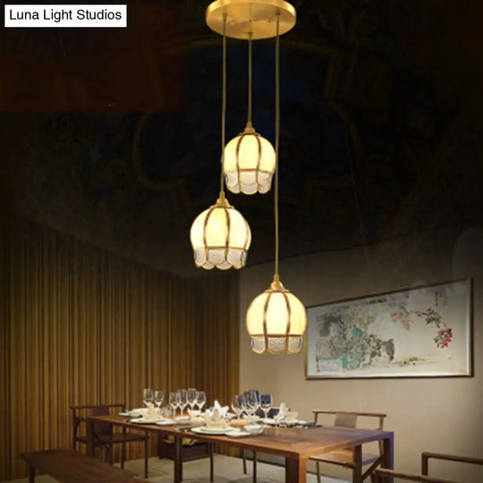 Simplicity Gold Ripple Glass Multi Ceiling Lamp With 3 Dome-Shaped Heads - Stylish Suspension Light