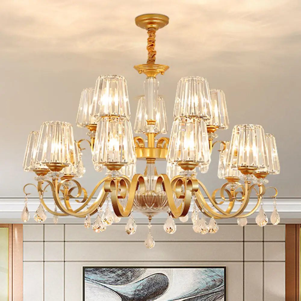 Simplicity Gold Tapered Crystal Hanging Light Kit - Elegant Ceiling Chandelier With Scrolled Arm 15