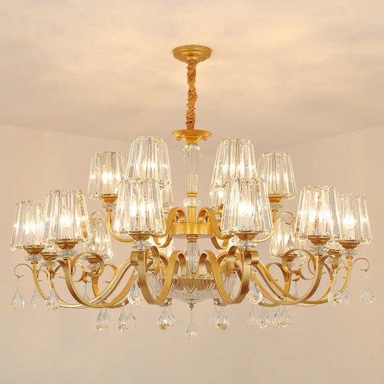 Simplicity Gold Tapered Crystal Hanging Light Kit - Elegant Ceiling Chandelier With Scrolled Arm 18