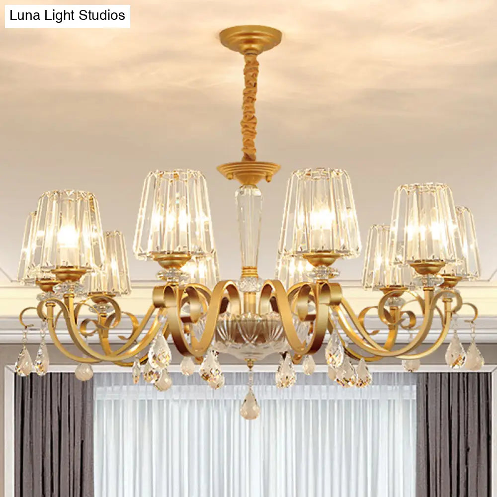 Simplicity Gold Tapered Crystal Hanging Light Kit - Elegant Ceiling Chandelier With Scrolled Arm