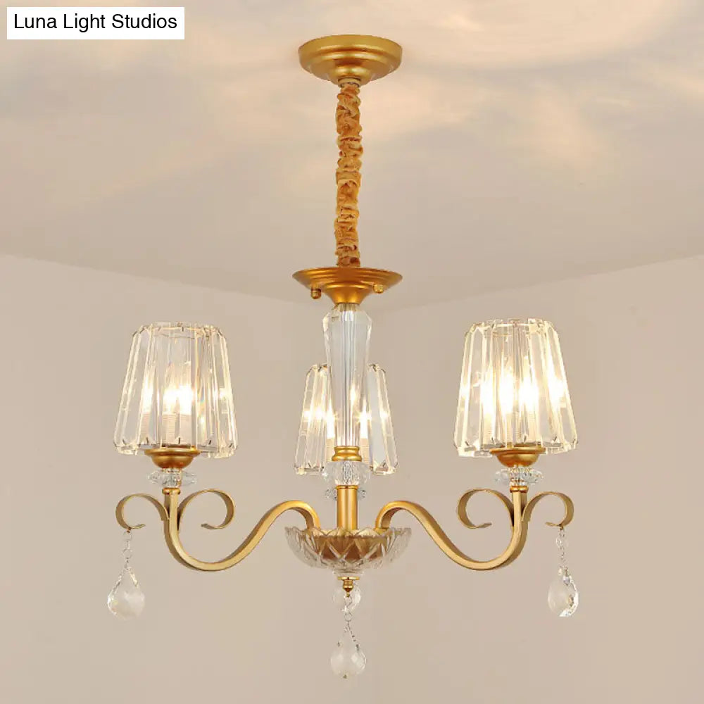 Simplicity Gold Crystal Hanging Light Kit: Tapered Beveled Design With Scrolled Arm 3 /