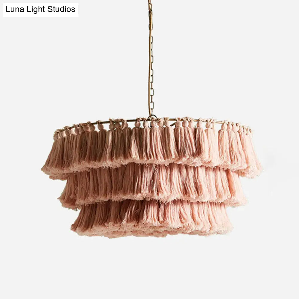 Simplicity Handwoven Fringe Chandelier Light Fixture - Tiered Round Ceiling Lighting With 3 Heads