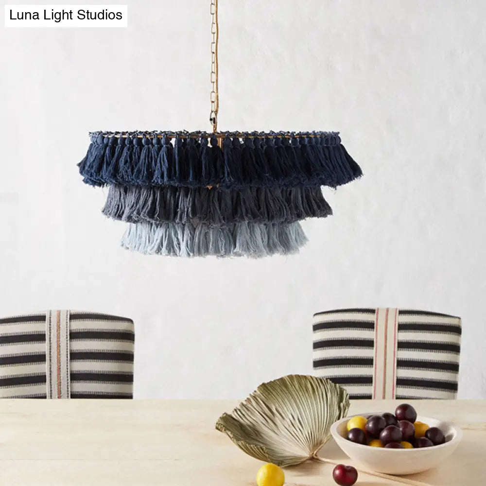 Simplicity Handwoven Fringe Chandelier Light Fixture - Tiered Round Ceiling Lighting With 3 Heads