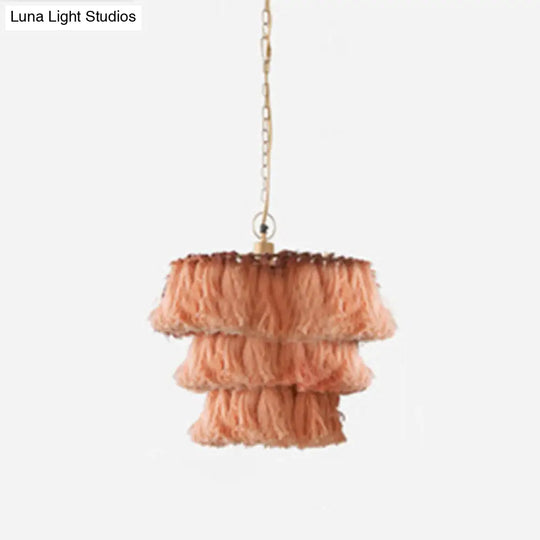 Simplicity Handwoven Fringe Chandelier Light Fixture - Tiered Round Ceiling Lighting With 3 Heads