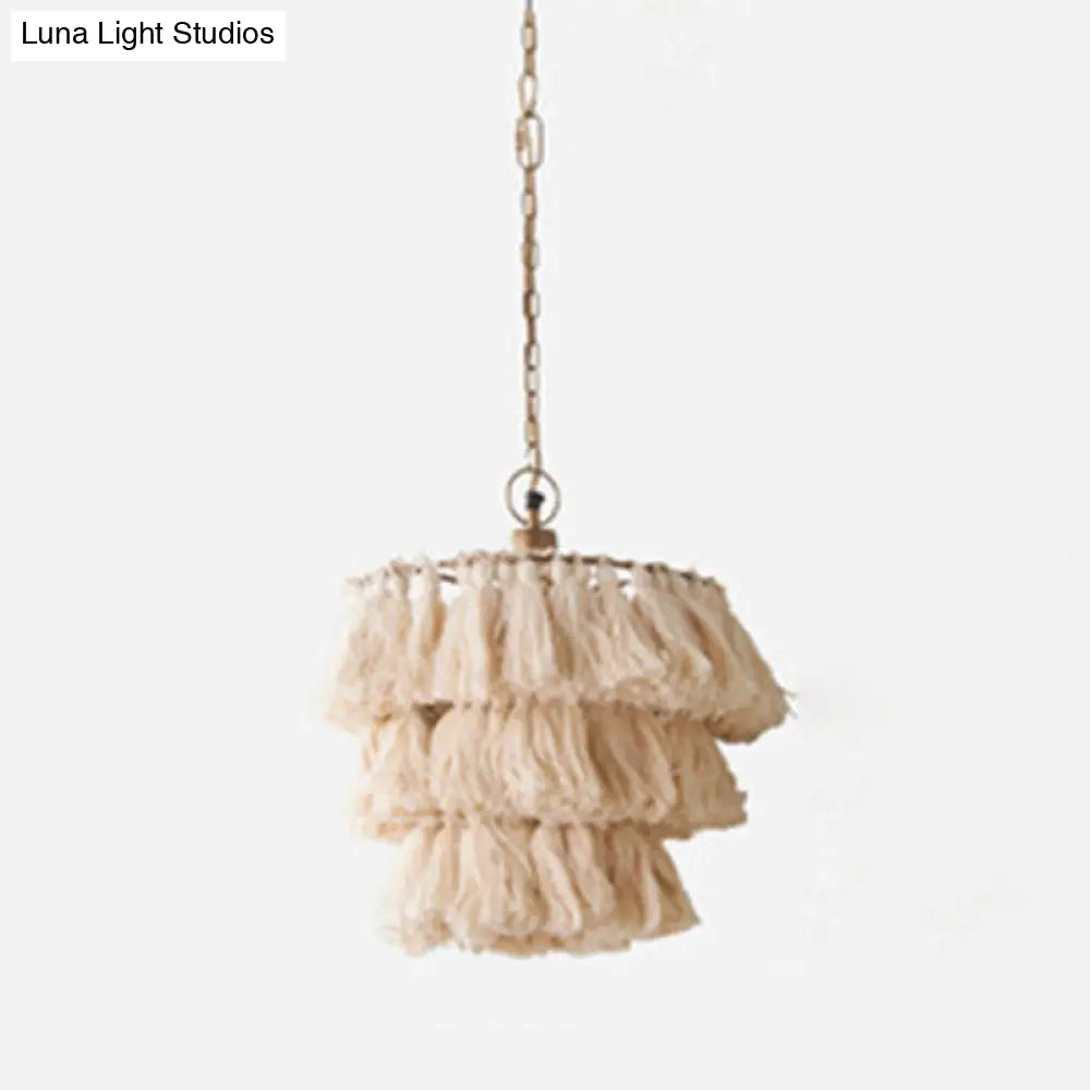 Simplicity Handwoven Fringe Chandelier Light Fixture - Tiered Round Ceiling Lighting With 3 Heads