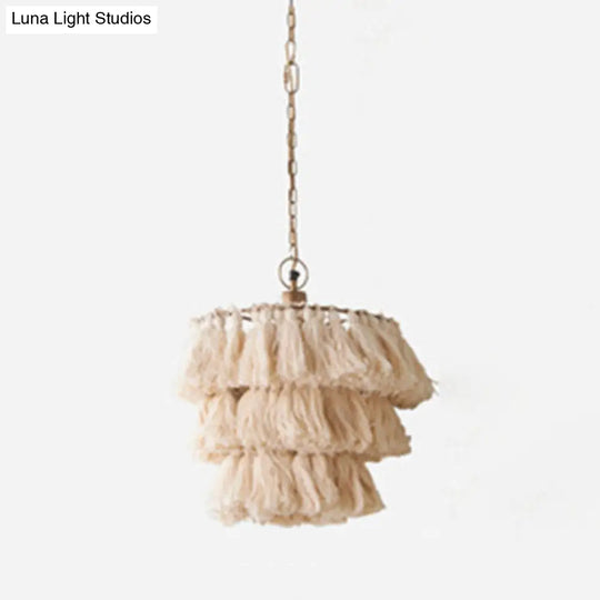 Simplicity Handwoven Fringe Chandelier Light Fixture - Tiered Round Ceiling Lighting With 3 Heads