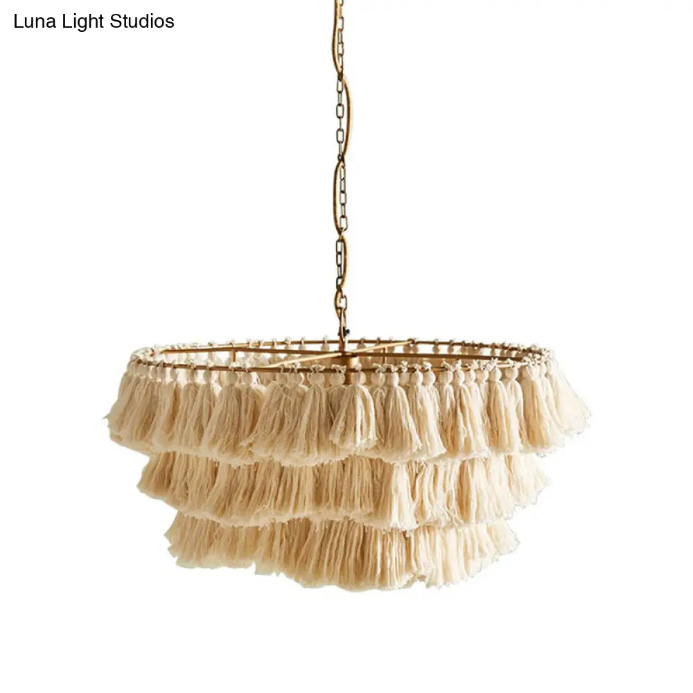 Simplicity Handwoven Fringe Chandelier Light Fixture - Tiered Round Ceiling Lighting With 3 Heads