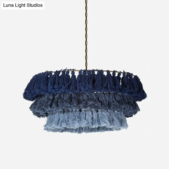 Simplicity Handwoven Fringe Chandelier Light Fixture - Tiered Round Ceiling Lighting With 3 Heads