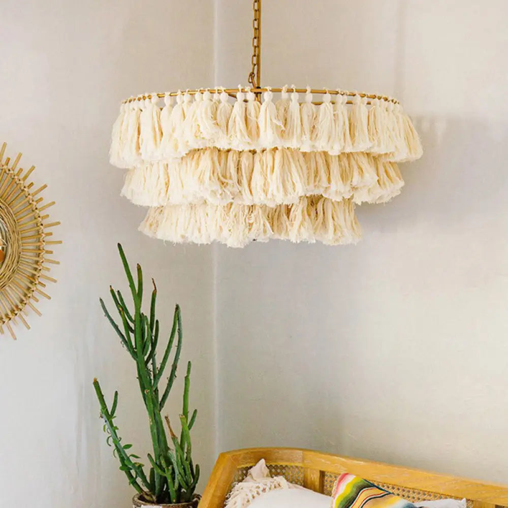 Simplicity Handwoven Fringe Chandelier Light Fixture - Tiered Round Ceiling Lighting With 3 Heads