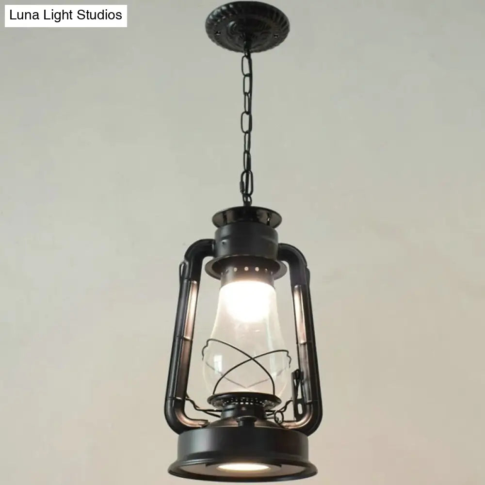 Simplicity Lantern Hanging Light For Restaurants With Metallic Kerosene Bulb Black / 8.5 B