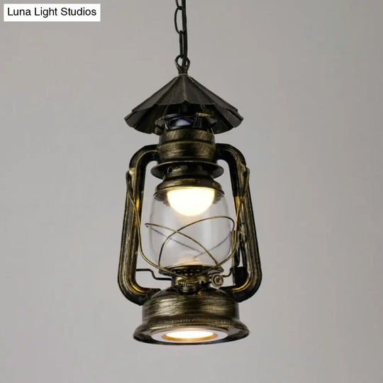 Simplicity Lantern Hanging Light For Restaurants With Metallic Kerosene Bulb Bronze / 7 D