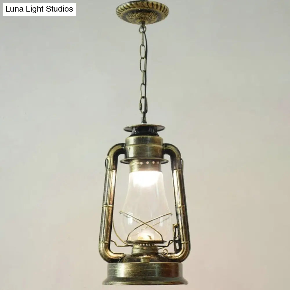 Simplicity Lantern Hanging Light For Restaurants With Metallic Kerosene Bulb Bronze / 8.5 A