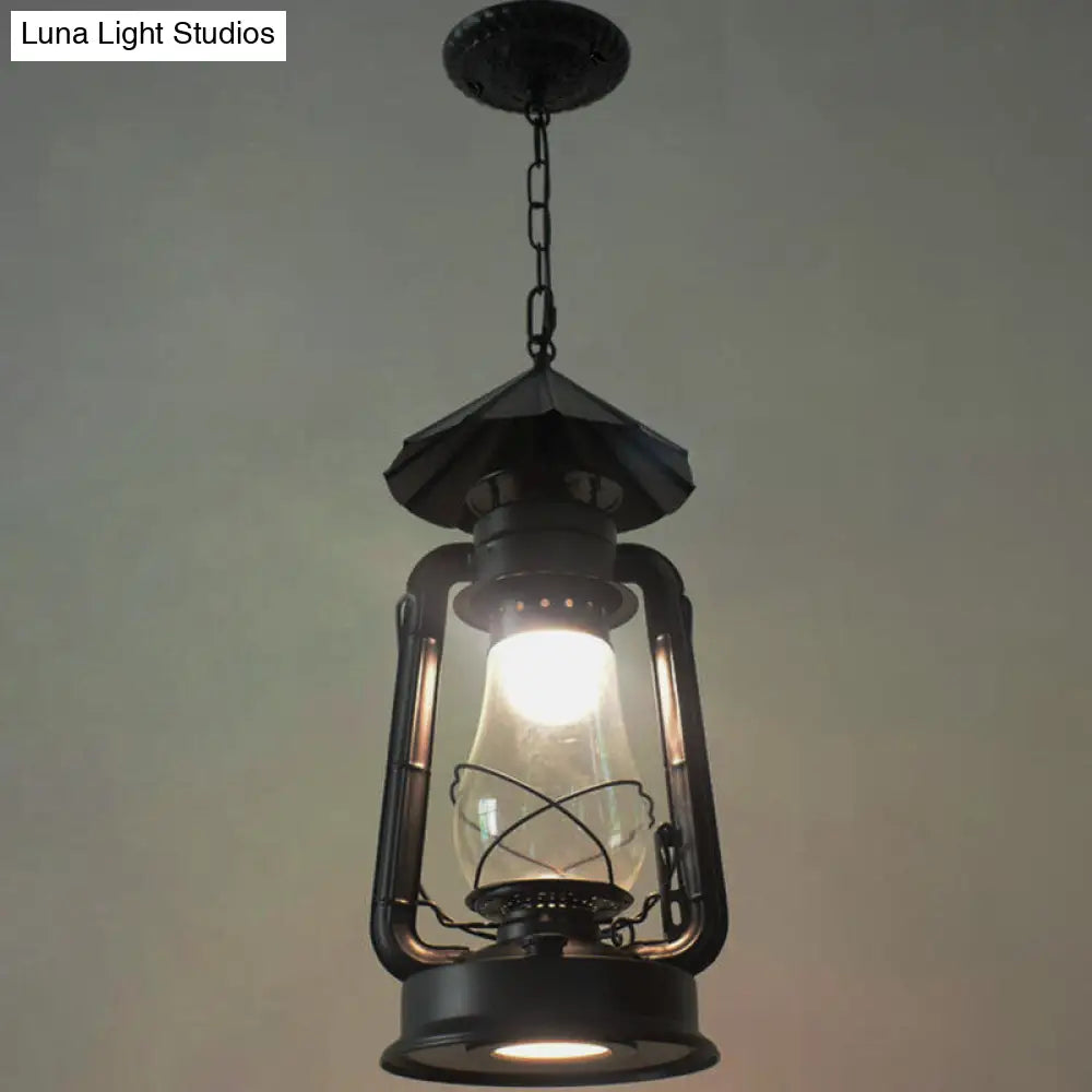 Simplicity Lantern Hanging Light For Restaurants With Metallic Kerosene Bulb Black / 8.5 D