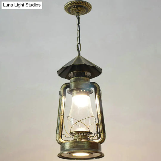 Simplicity Lantern Hanging Light For Restaurants With Metallic Kerosene Bulb Bronze / 8.5 C