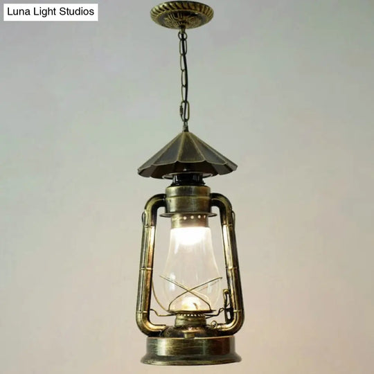 Simplicity Lantern Hanging Light For Restaurants With Metallic Kerosene Bulb Bronze / 8.5 D