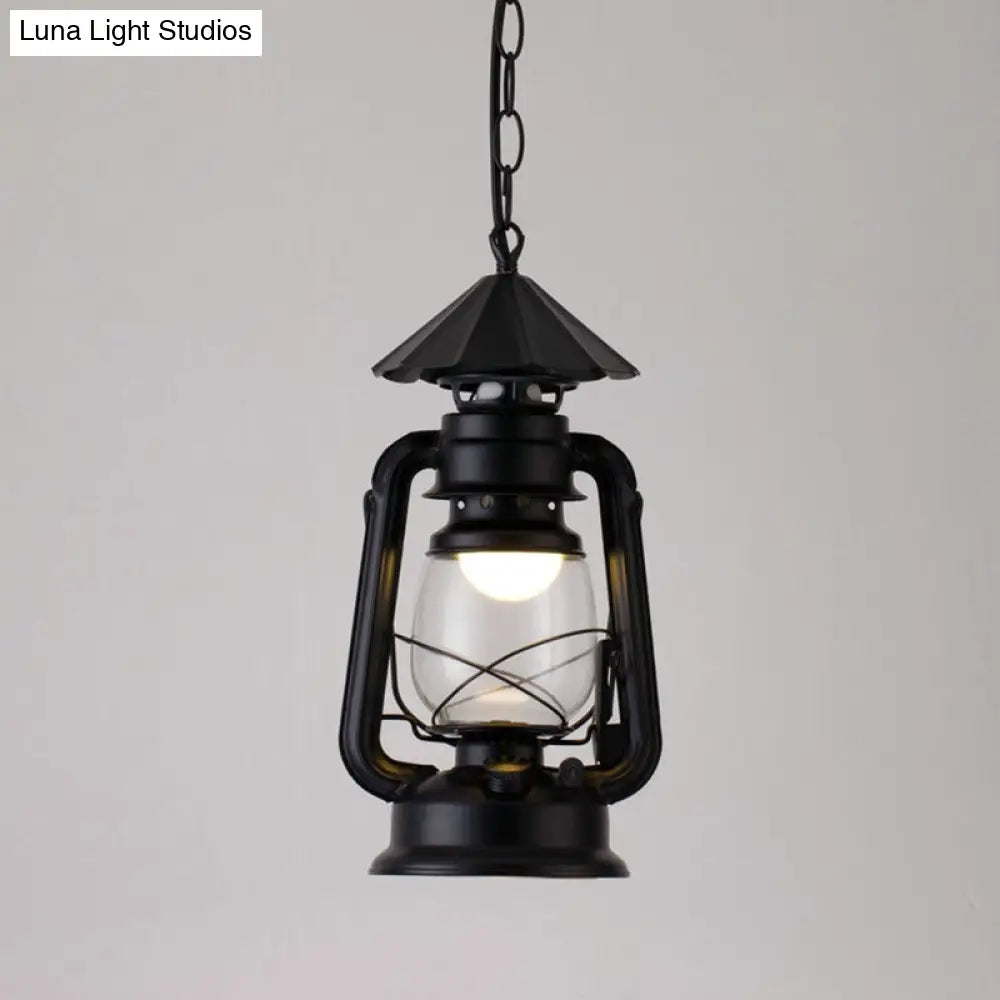 Simplicity Lantern Hanging Light For Restaurants With Metallic Kerosene Bulb Black / 7 C