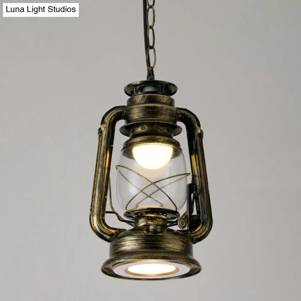 Simplicity Lantern Hanging Light For Restaurants With Metallic Kerosene Bulb Bronze / 7 B