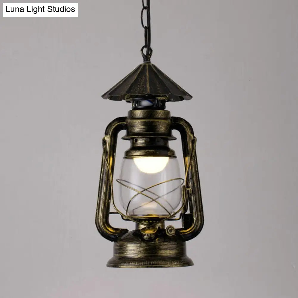 Simplicity Lantern Hanging Light For Restaurants With Metallic Kerosene Bulb Bronze / 7 C
