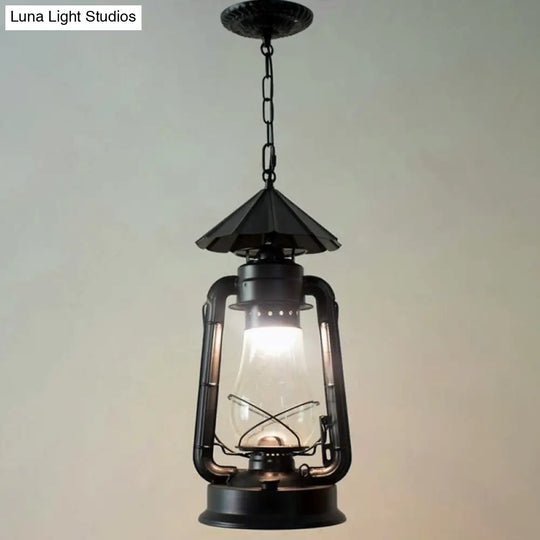 Simplicity Lantern Hanging Light For Restaurants With Metallic Kerosene Bulb Black / 8.5 C