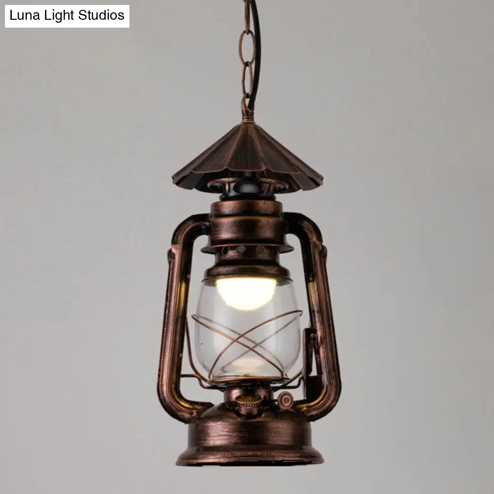 Simplicity Lantern Hanging Light For Restaurants With Metallic Kerosene Bulb Copper / 7 C
