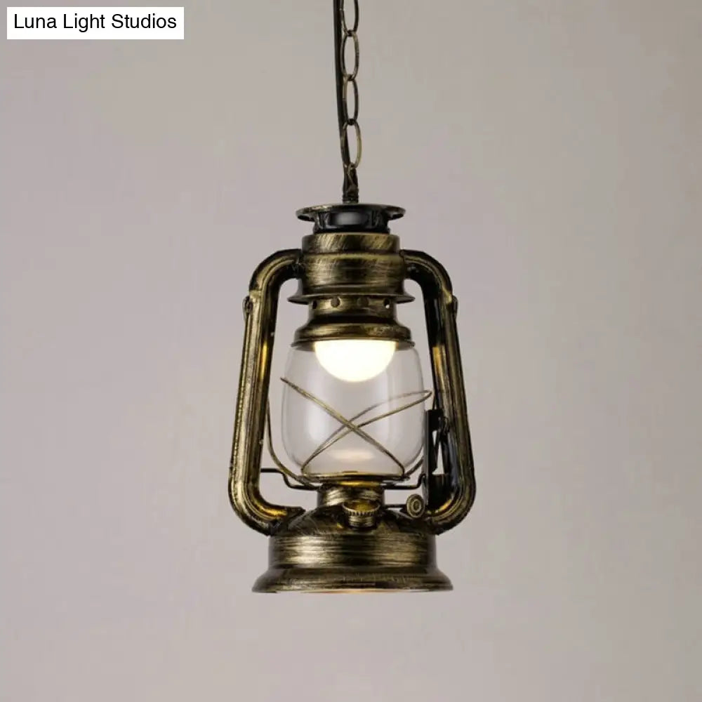 Simplicity Lantern Hanging Light For Restaurants With Metallic Kerosene Bulb Bronze / 7 A