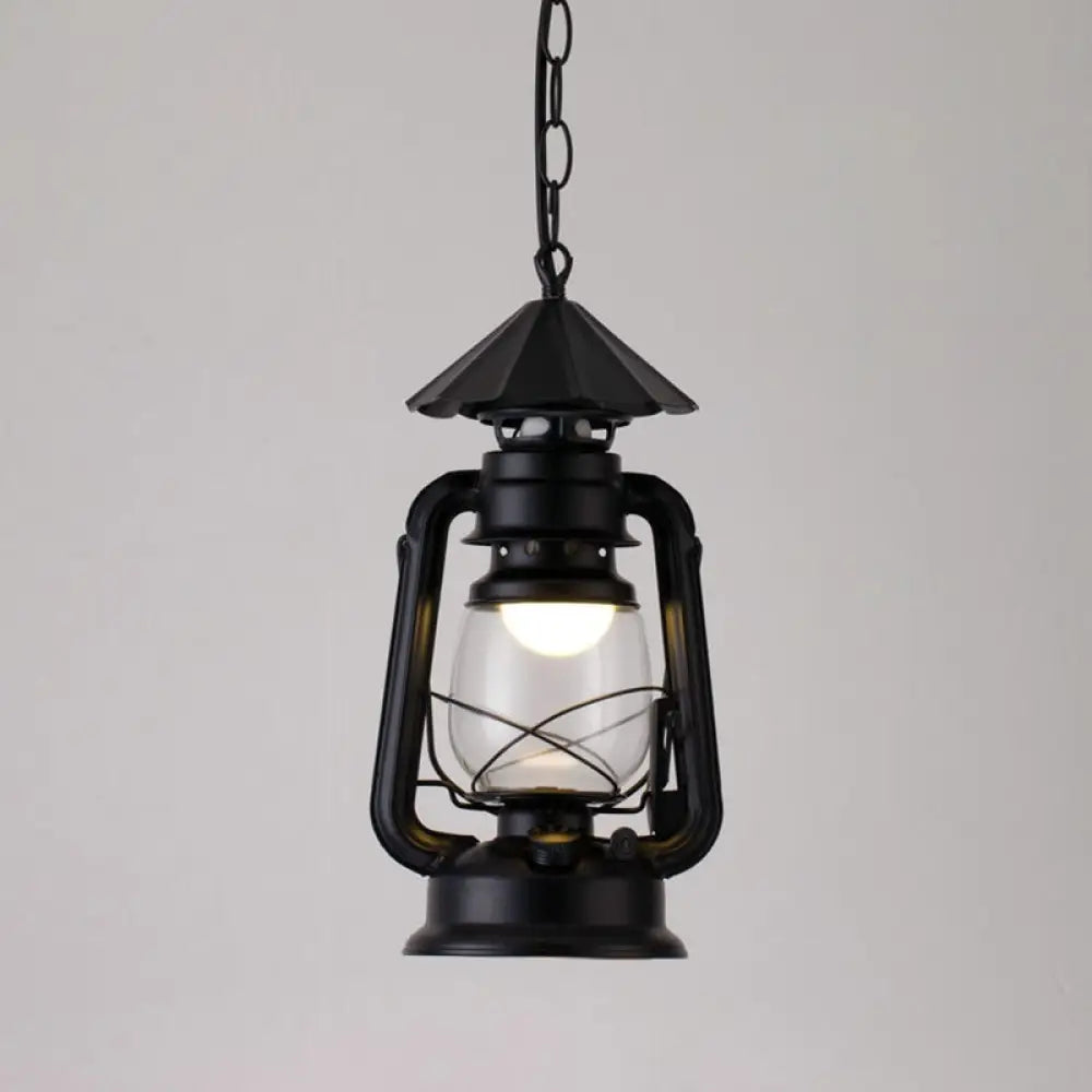Simplicity Lantern Hanging Light - Metallic Kerosene Lighting For Restaurants 1 Bulb Black / 7’ C