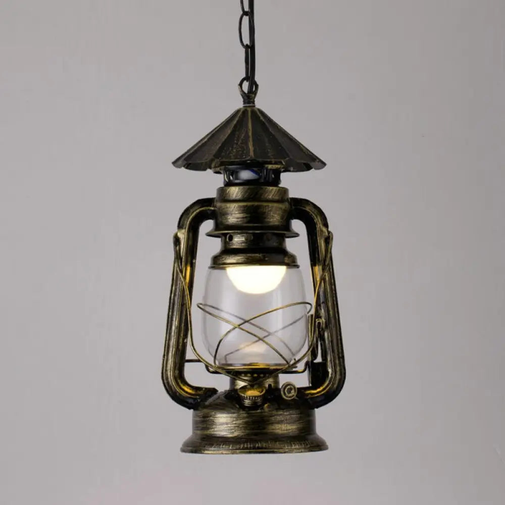 Simplicity Lantern Hanging Light - Metallic Kerosene Lighting For Restaurants 1 Bulb Bronze / 7’ C