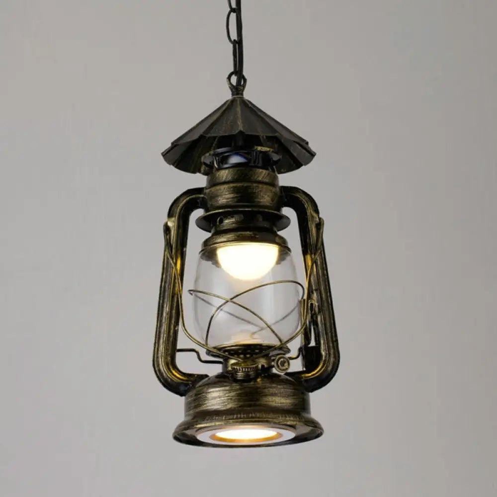 Simplicity Lantern Hanging Light - Metallic Kerosene Lighting For Restaurants 1 Bulb Bronze / 7’ D