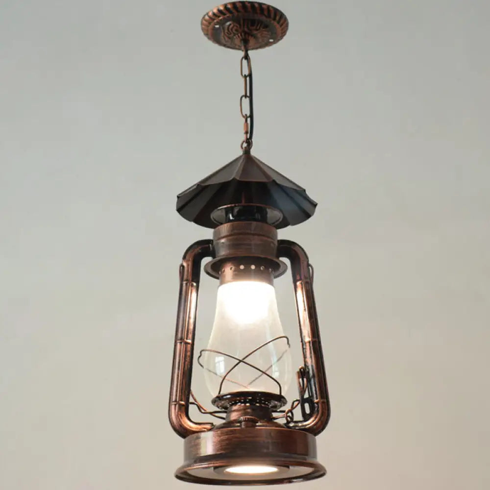 Simplicity Lantern Hanging Light - Metallic Kerosene Lighting For Restaurants 1 Bulb Copper / 7’ D