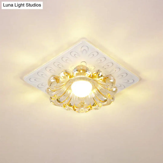 Simplicity Led Ceiling Light In White Round/Square Flushmount With Flower Crystal Shade - Warm/White