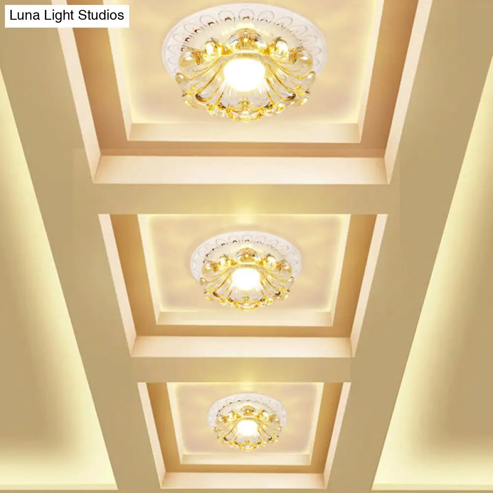 Simplicity Led Ceiling Light In White Round/Square Flushmount With Flower Crystal Shade - Warm/White