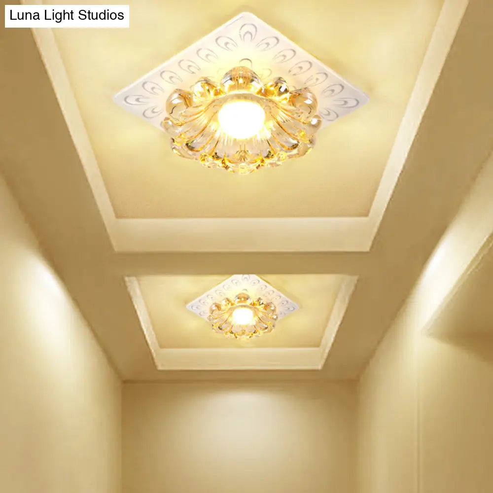 Simplicity Led Ceiling Light In White Round/Square Flushmount With Flower Crystal Shade - Warm/White