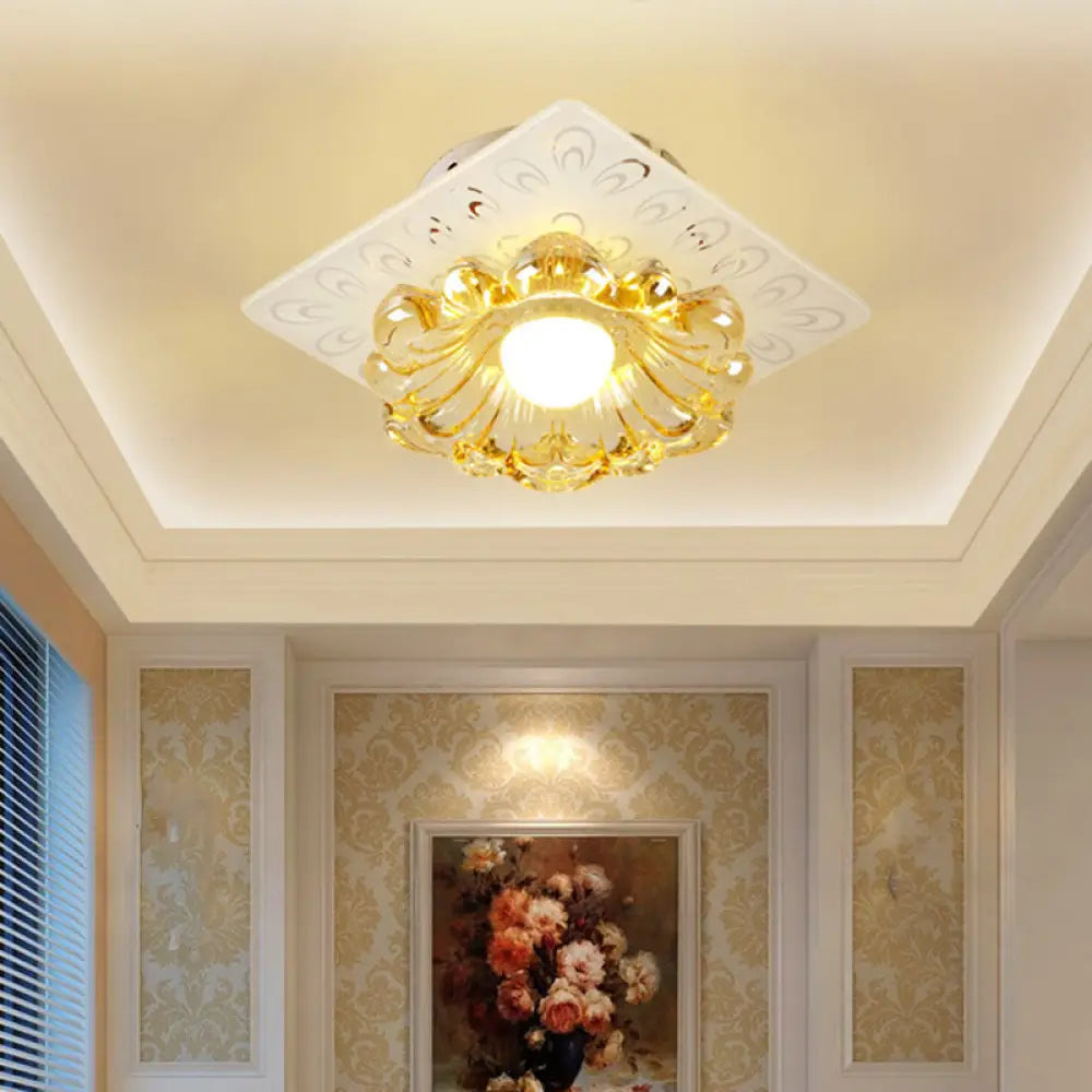 Simplicity Led Ceiling Light In White Round/Square Flushmount With Flower Crystal Shade -