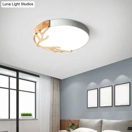 Simplicity Led Circle Flush Light With Antler Wood Decor For Bedroom