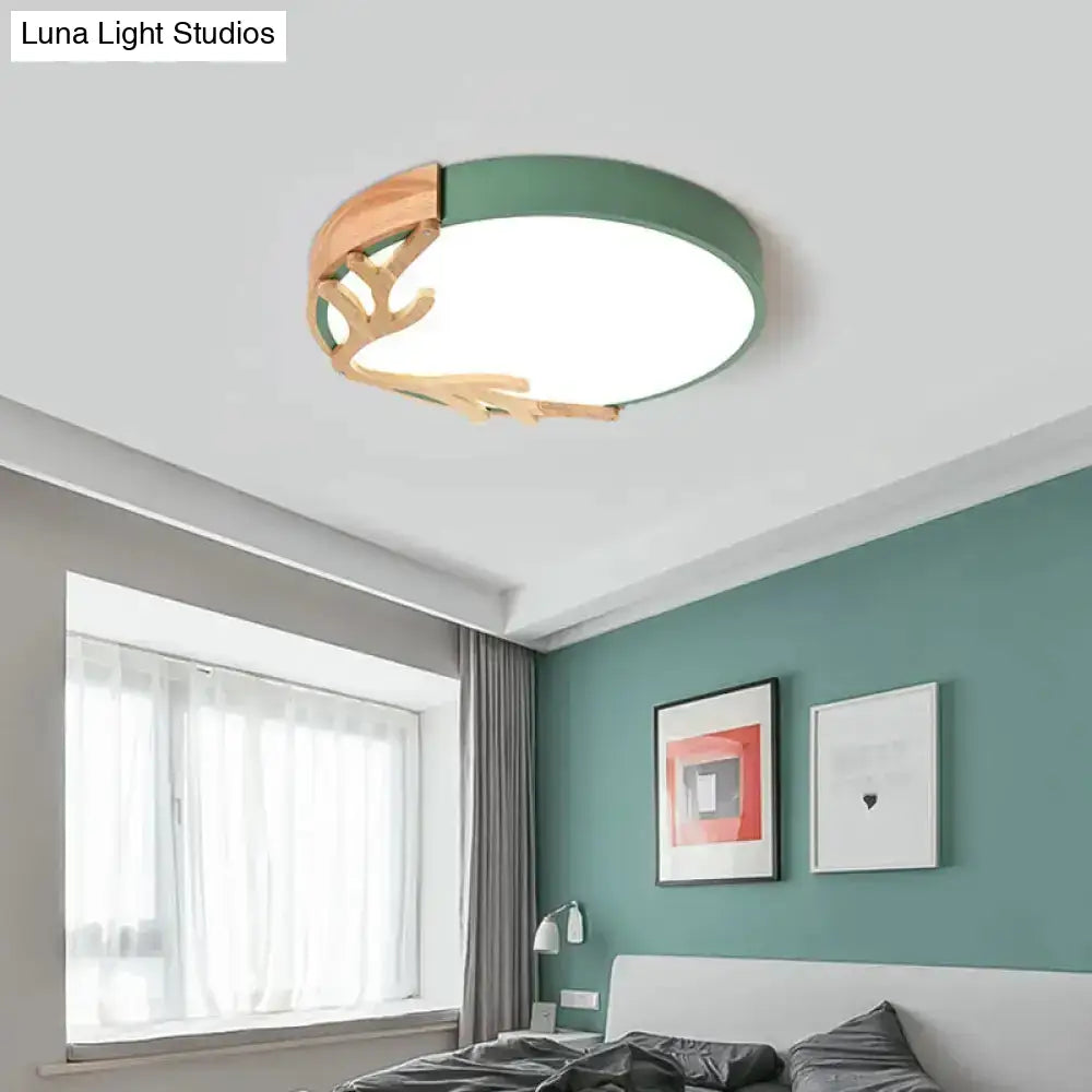 Simplicity Led Circle Flush Light With Antler Wood Decor For Bedroom