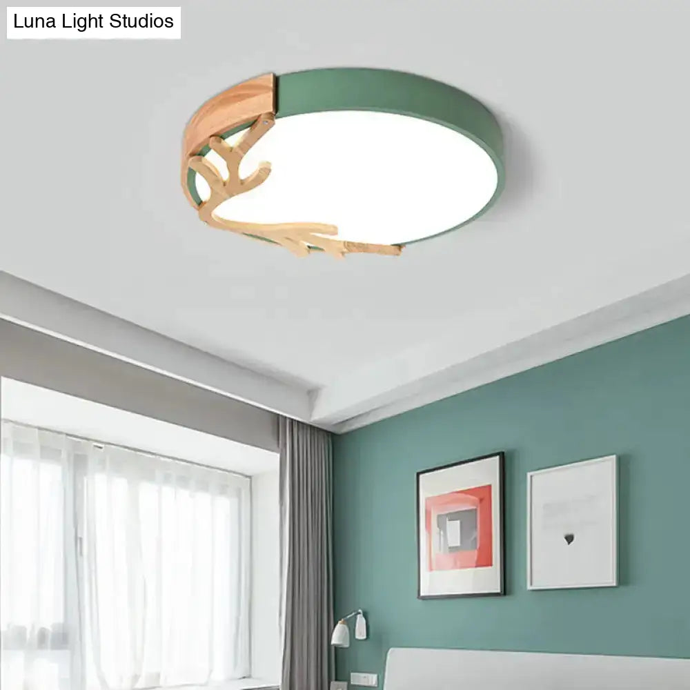 Simplicity Led Circle Flush Light With Antler Wood Decor For Bedroom